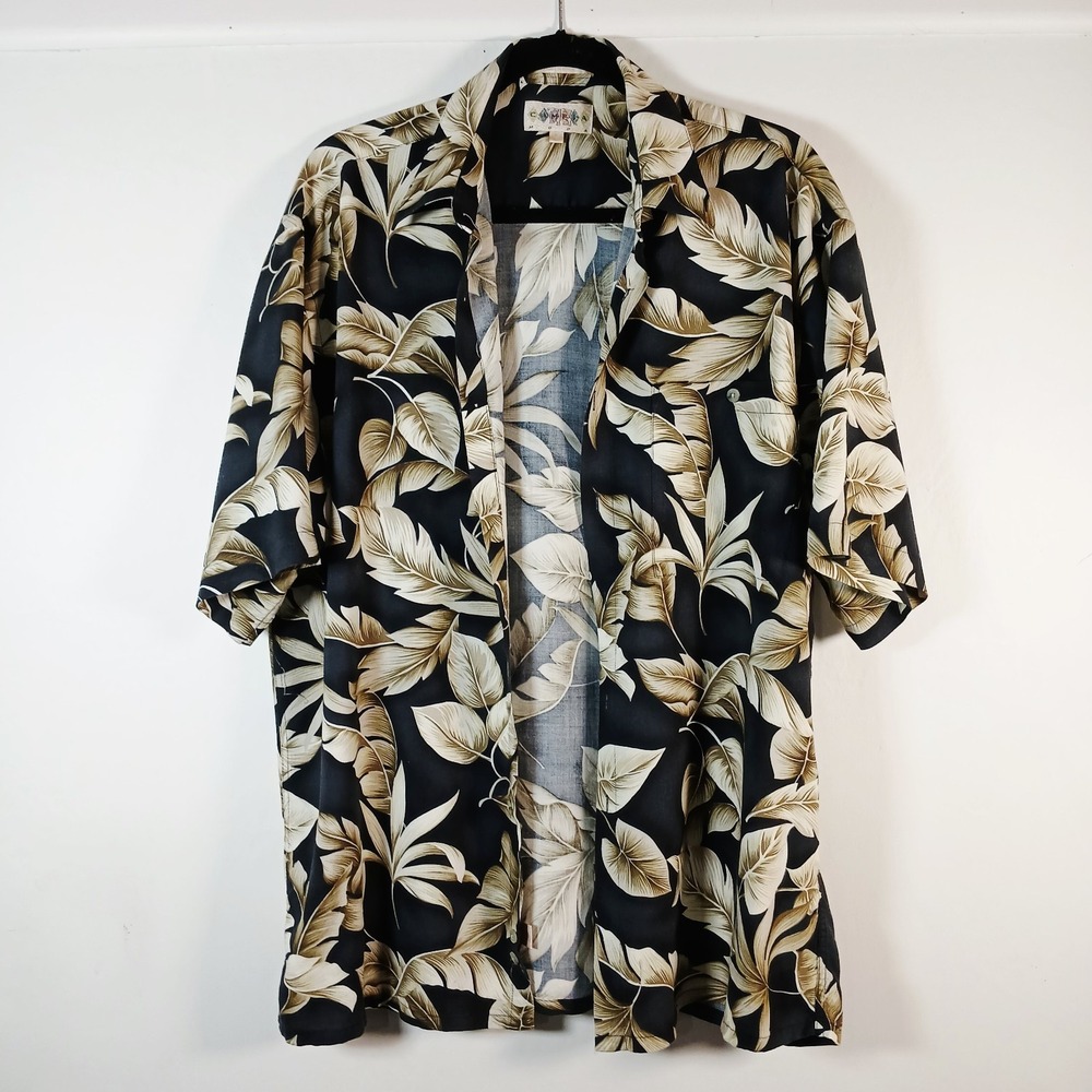 Campia‎ Moda Shirt Mens Large Short Sleeve Button Up Black Gold Dad Hawaiian